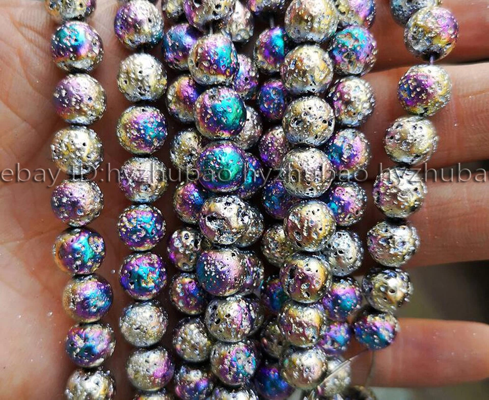 Круглые бусины россыпью из радужной лавы и камня 6-12 мм с гальваническим покрытием - Изображение 4 из 4