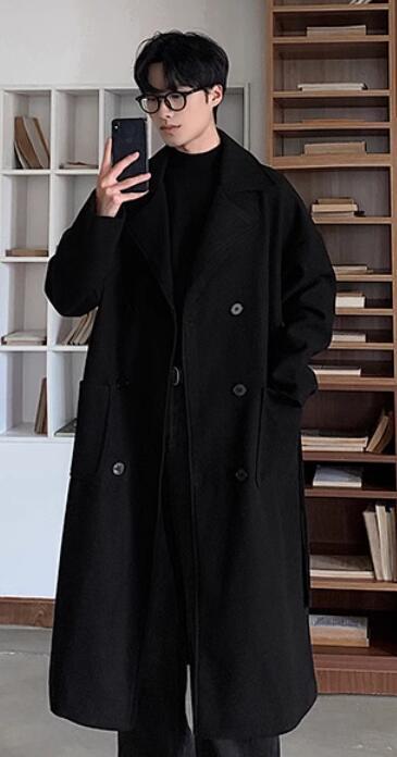 Men's Double Breasted Coat Trench Autumn Winter Loose Wool blend