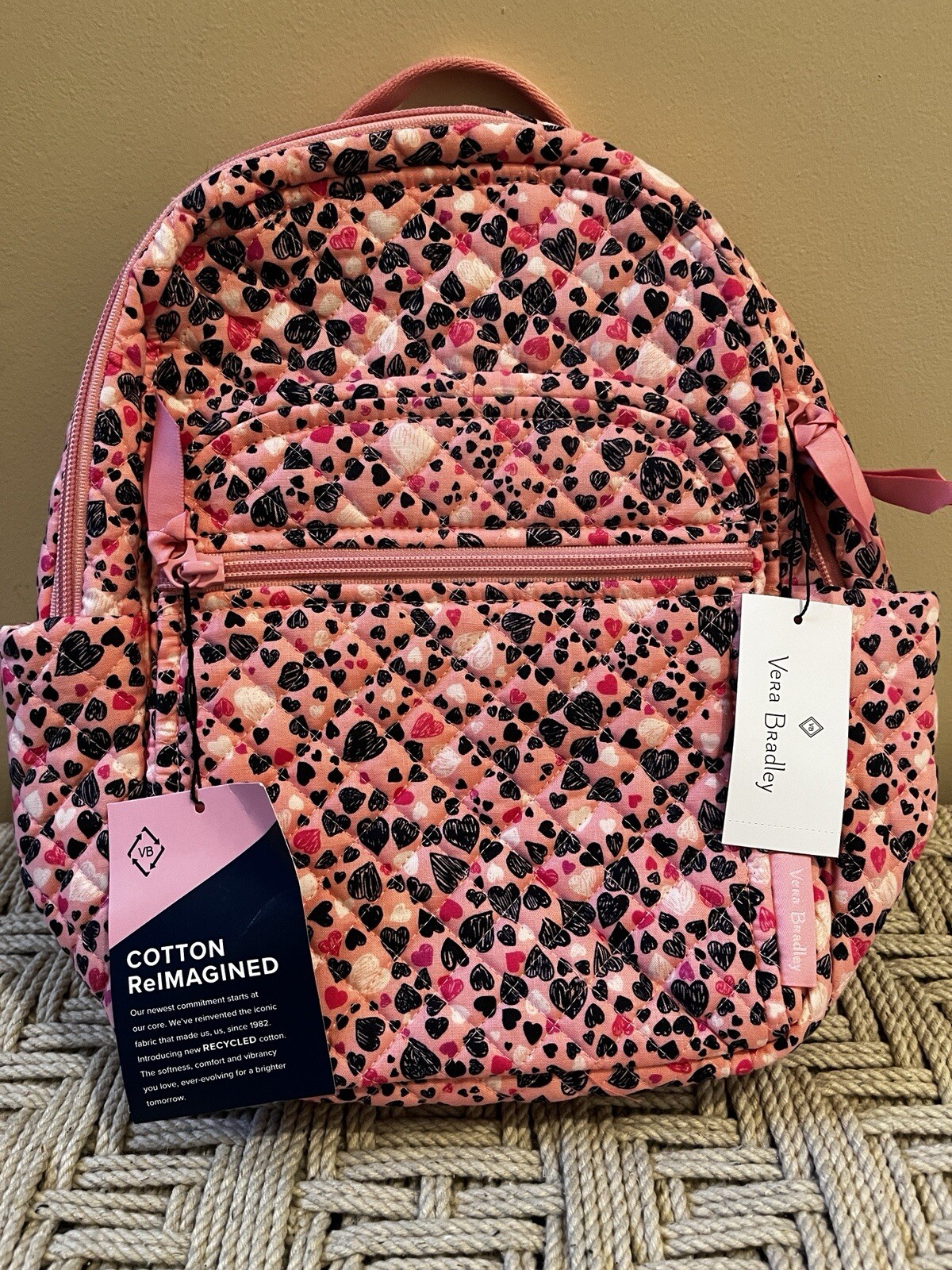 Vera Bradley Love You Lots Pink Black Hearts Small Compact Backpack Bag NWT