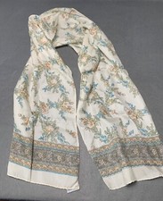 Vintage Floral Paisley Silk Scarf with Blue  Beige Flowers 11" x 50"