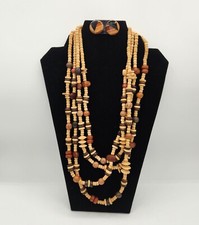 Vintage Wooden Bead Necklace And Inlaid Wood Earring Set BOHO STYLE Fashion