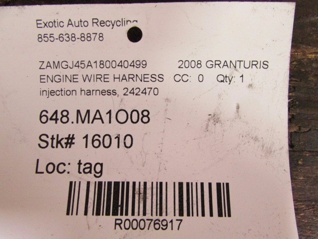 Maserati Granturismo, Engine Injection Wire Harness, Used, P/N 242470