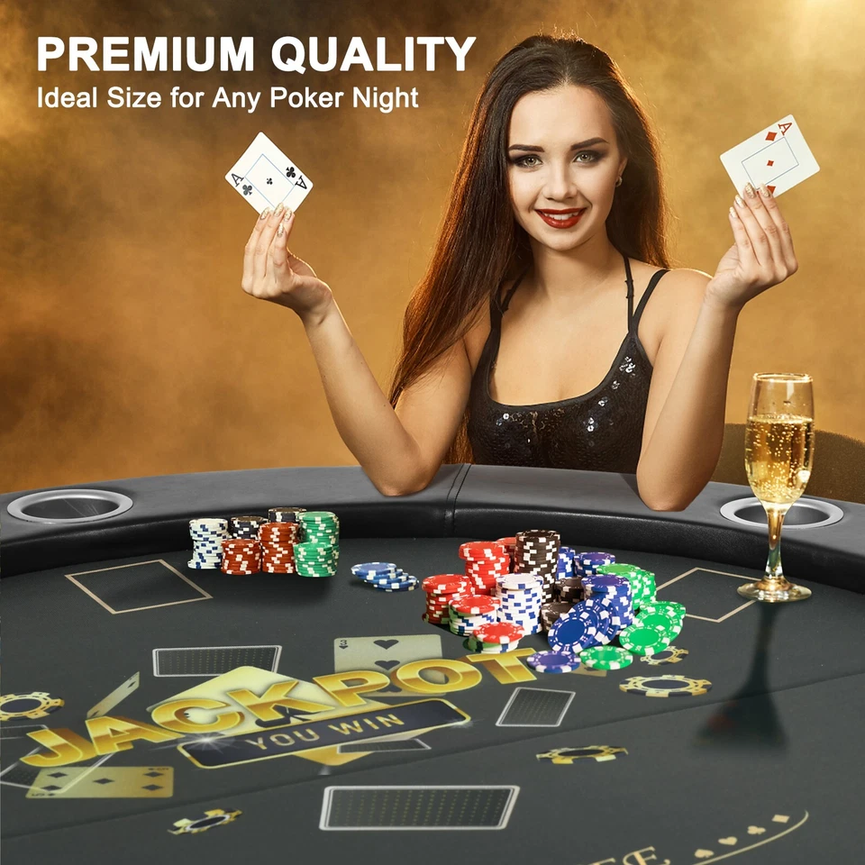 Round Poker Table 6 Player Texas Holdem Game Folding Casino Cup Holder Round 46" - Image 4 of 4