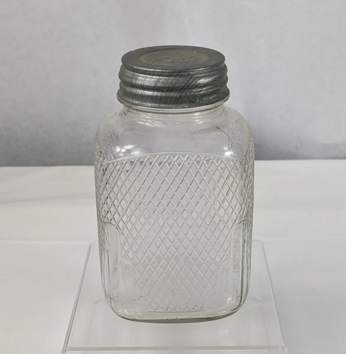 VTG Large Owens Illinois Glass Jar Square Waffle Diamond Pattern Ball Lid