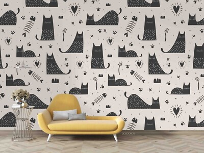 3D Hand Drawn Cat Fishbone Pattern Self-adhesive Removable Wallpaper Murals