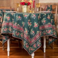 April Cornell Estella Rose Tablecloth 54 x 54 Breakfast Cloth Forest Green & Red