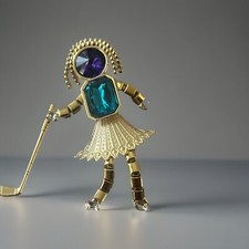 Girl Golfer Brooch/pin, Articulated, Gold Tone With jelly Belly Beads,golf club.