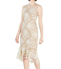 Calvin Klein Women's Sleeveless Lace Sheath with Flounce Hem, Khaki/White, 10