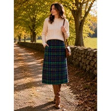 Vintage Pendleton Wool Plaid Midi Skirt Green Navy Red Pockets Made in USA 12