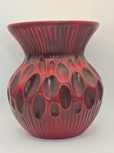 Unique Haeger MCM Pottery Rich Red Satin Glaze Ribbed Dimpled Texture Art Vase