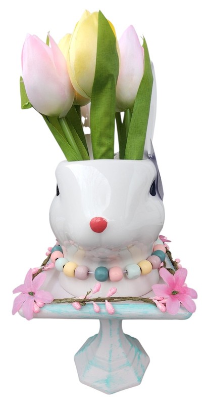 New Ceramic Bunny Head On Pedestal Filled W/ Faux Tulips Tall. Easter Decor