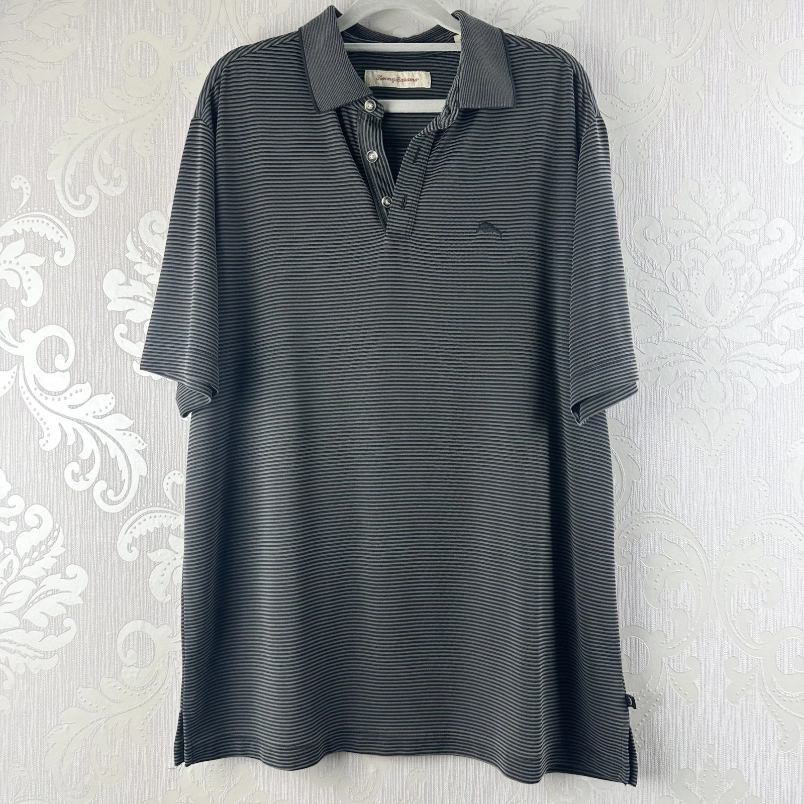 Tommy Bahama Polo Shirt Black Stripe Size M (UK L/XL) Golf Casual