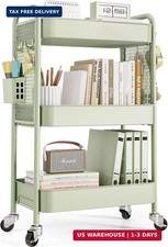 3 Tier Rolling Cart, Metal Utility Storage Cart with Pegboard, Green  2 Bins 