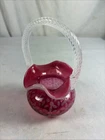Vintage FENTON CRANBERRY GLASS HANDLED BASKET BOWL w/ OPALESCENT FLORAL DESIGNS