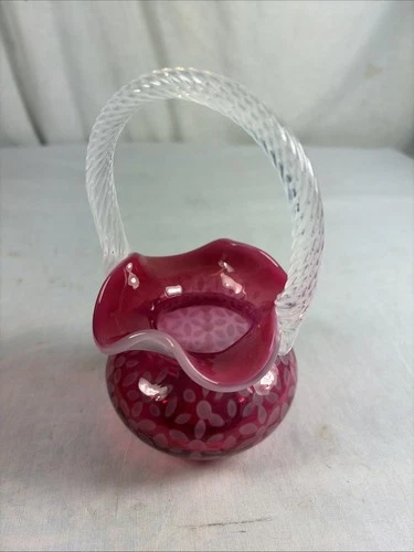 Vintage FENTON CRANBERRY GLASS HANDLED BASKET BOWL w/ OPALESCENT FLORAL DESIGNS