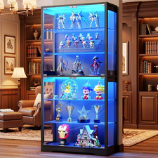 71" Display Cabinet with Removable Glass Shelves, 6-Tier Lighted Curio Cabinet