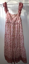 By The River Maxi Dress Women's Cream Red Printed Tiered Ruffle Shoulder Boho M