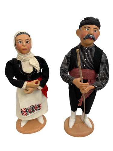 VTG Handmade Greek Traditional Attire Folk Art Dolls 13" Set C10527