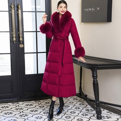 Womens Lapel Collar Knee Length White Duck Down Slim Fit Fox Fur Wine Red Jacket