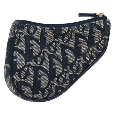 Christian Dior Trotter Canvas Saddle Coin Purse Navy Gold Auth