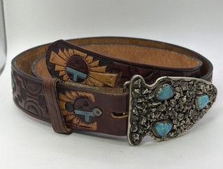 Sterling Silver Turquoise 1.5” Arrowhead Belt Buckle & 46” Leather Belt 75.8g