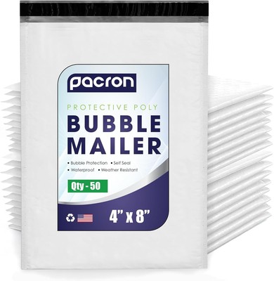PACRON 50 Pack 4'' x 8'' Poly Bubble Mailers Padded Shipping Envelopes White