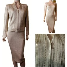 Gorgeous St John Gold Glitter Santana Knit Dress Jacket Suit sz 12 WOW