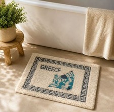 Cotton Bathroom Mat Beige Blue Greek Meander with Greek Island Greece 60x40cm