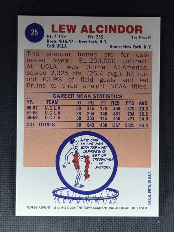 Topps Lew Alcindor #25 2001 reimpresión 69-70 Topps Milwaukee Bucks Foto 2 de 2