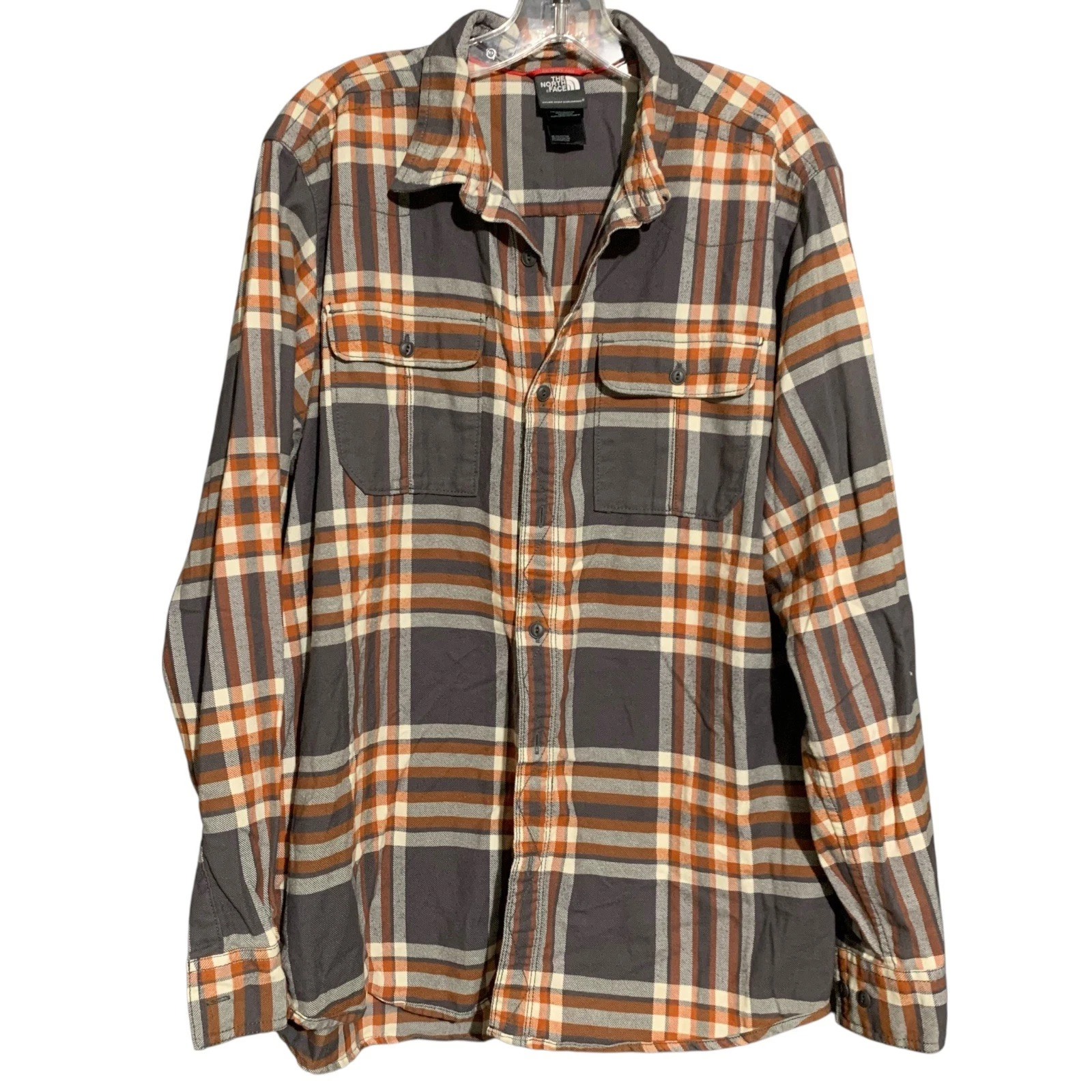 North Face Shirt Mens Large Brown Gray Plaid Flannel Button Up Outdoor Workwear