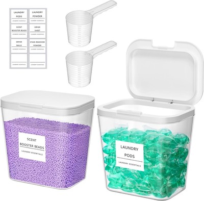 2 packs of laundry detergent cartridges (with labels and measuring spoons)