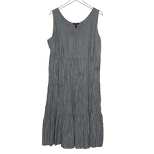 Eileen Fisher Crushed Silk Tiered Dress L Gray Sleeveless Crinkled Loose Comfort