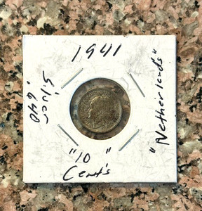 1941 Netherlands 10 Cents Queen Wilhelmina Silver Coin