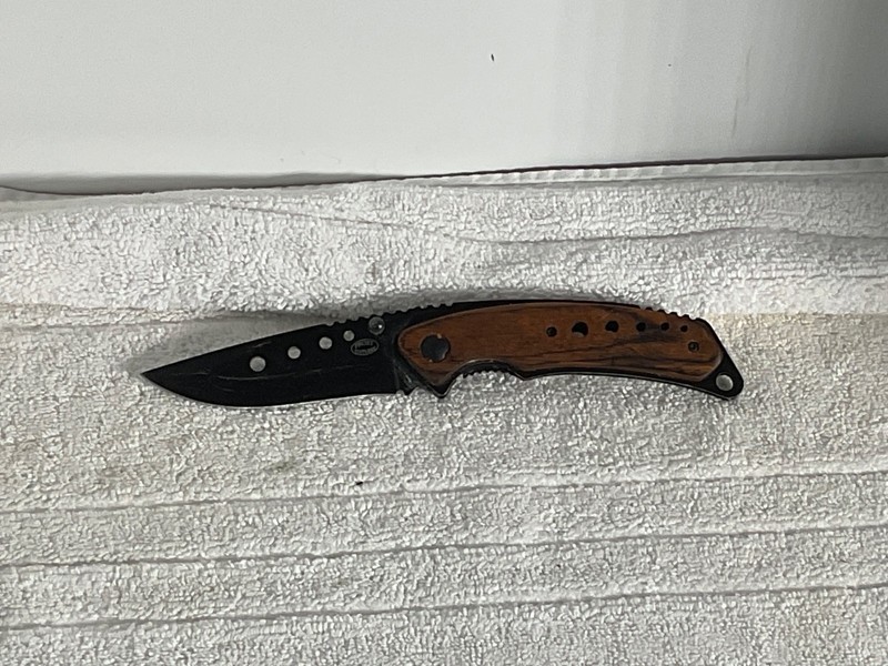 Folding Knife, Pocket, Black Steel, Wood handle 7.5"  Pocket