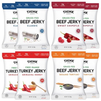 Think Jerky Beef and Turkey Jerky Variety Pack, Classic, Sweet Chipotle, Srir...