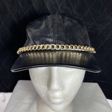 Vintage USA MADE Black Leather Captain Biker Cap Hat Chain Motorcycle