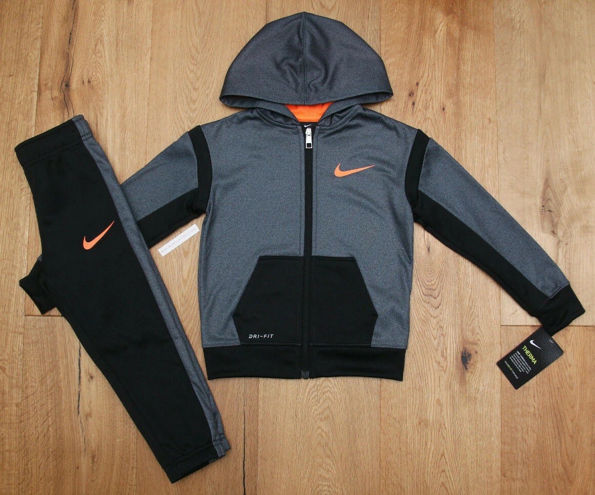 Nike Boy 2 Piece Therma Hooded Jogging Set Tracksuit Gray Black Orange