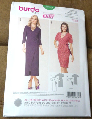 Burda Style Pattern 6730 Ms EASY V-Neck Wrap Dress 2 Lengths w/Sleeve Opts 10-20