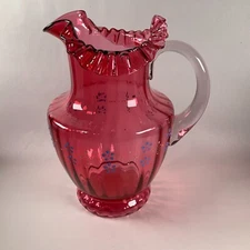Victorian Large Hand Blown Cranberry Ruffled Rim Pitcher Enamel Ribbed Ruffled