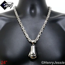 24"Stainless Steel 9mm Silver Box Chain Necklace Boxing Glove Cross Pendant*P79