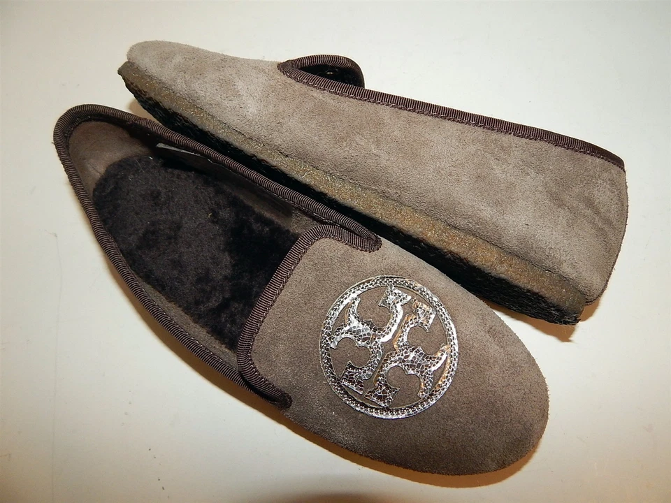 Tory Burch Billy Brown Flannel Shearling Logo Slippers 7 M - Image 4 of 4