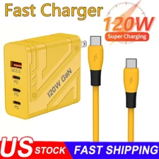 120W GaN Multi USB C Super Fast Wall Charger 4FT Cable For All Cell iPhone 