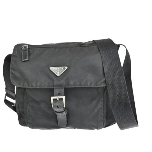 PRADA MILANO Logo Tessuto Shoulder Bag Nylon Leather Black Silver Italy 04FA261 - Picture 1 of 15