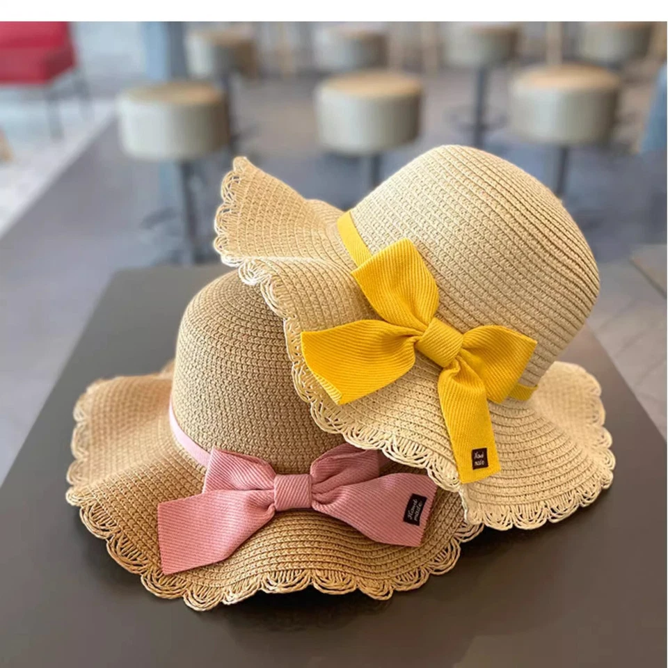 2PCS Baby Girls Bow Wide Brim Summer Hats Sun Beach Straw Hat With Shoulder Bag - Image 2 of 4