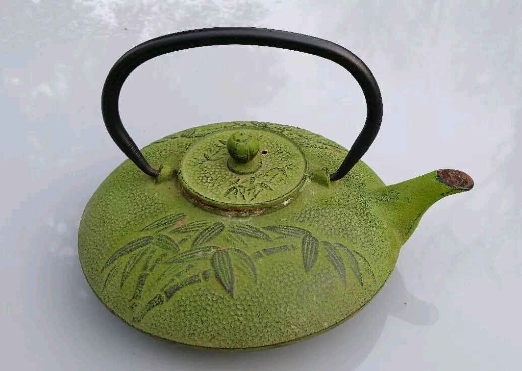 Antiker Japanischer Gusseisen Teekessel mit Bambus-Motiv