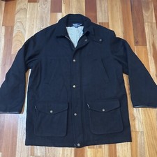Vtg Polo Ralph Lauren Coat Mens XL Black Wool Leather Trim Overcoat Parka Zip