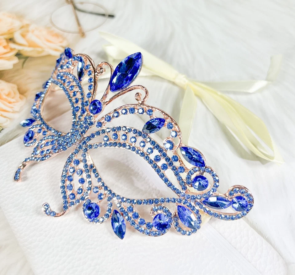 Butterfly Blue Masquerade Mask, Wedding Party Rose Gold Eye Mask, Venetian Mask - Image 2 of 4