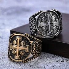 Stainless Steel Men's Knight Temple Knight Christian Cross Ring 7-14 Size Silver