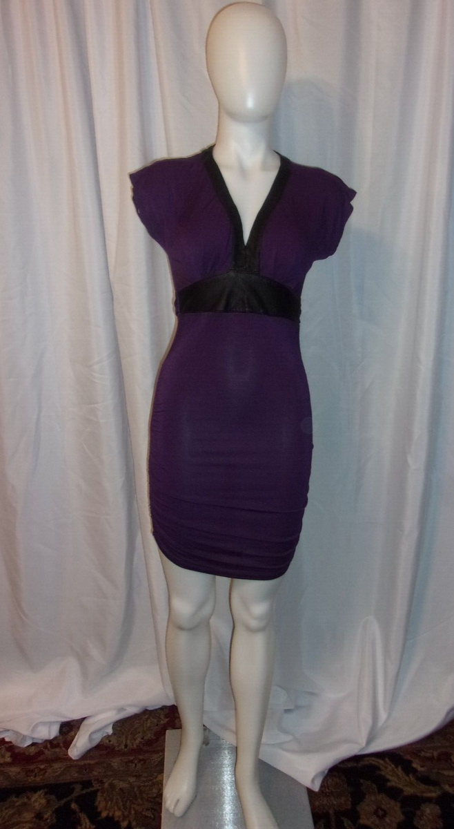 MP Metro Park Purple & Black Ruched Bodycon Faux Leather Trim Dress Size XS