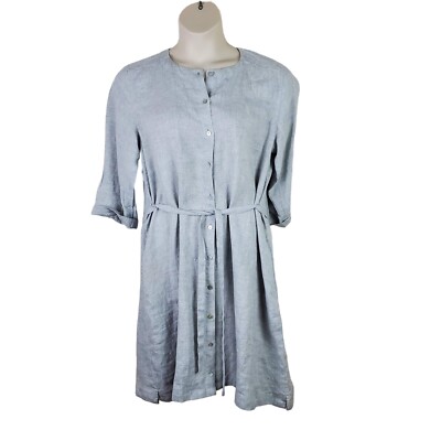 Eileen Fisher Linen Dress Womens Medium Gray Button Front 3/4 Sleeve | eBay